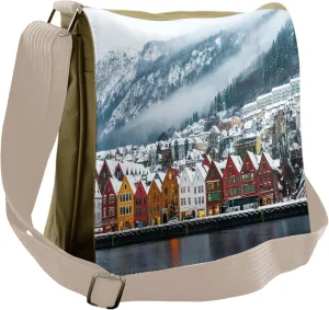 Lunarable European Messenger Bag, Winter View Bruges Norway, Unisex Cross-body