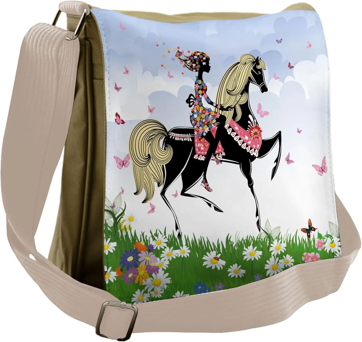 Lunarable Horse Messenger Bag, Girl Riding Pony in Spring, Unisex Cross-body