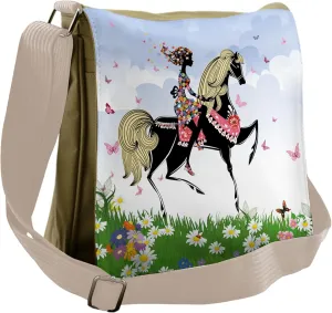 Lunarable Horse Messenger Bag, Girl Riding Pony in Spring, Unisex Cross-body