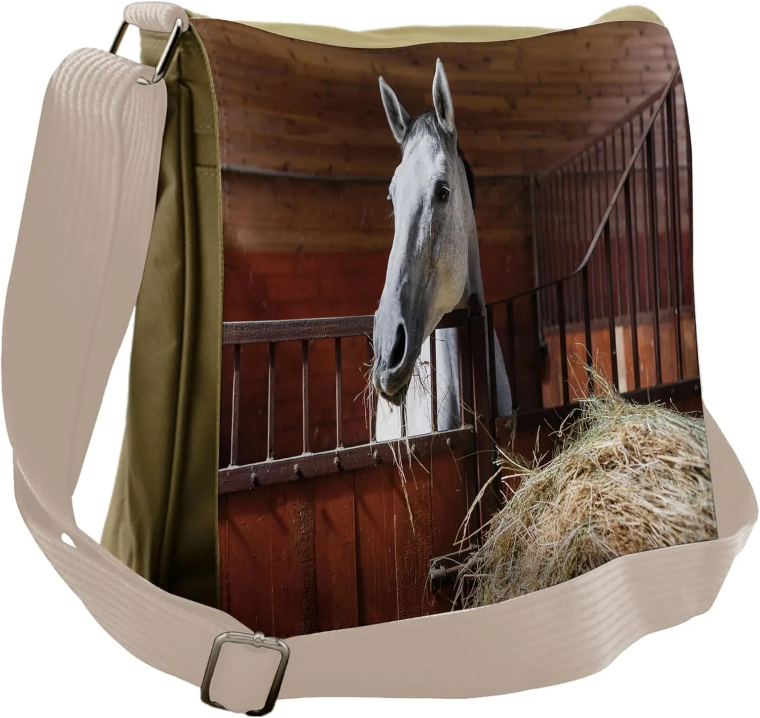 Lunarable Horse Messenger Bag, Mare Eating Hay in Stable, Unisex Cross-body