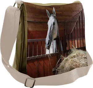 Lunarable Horse Messenger Bag, Mare Eating Hay in Stable, Unisex Cross-body