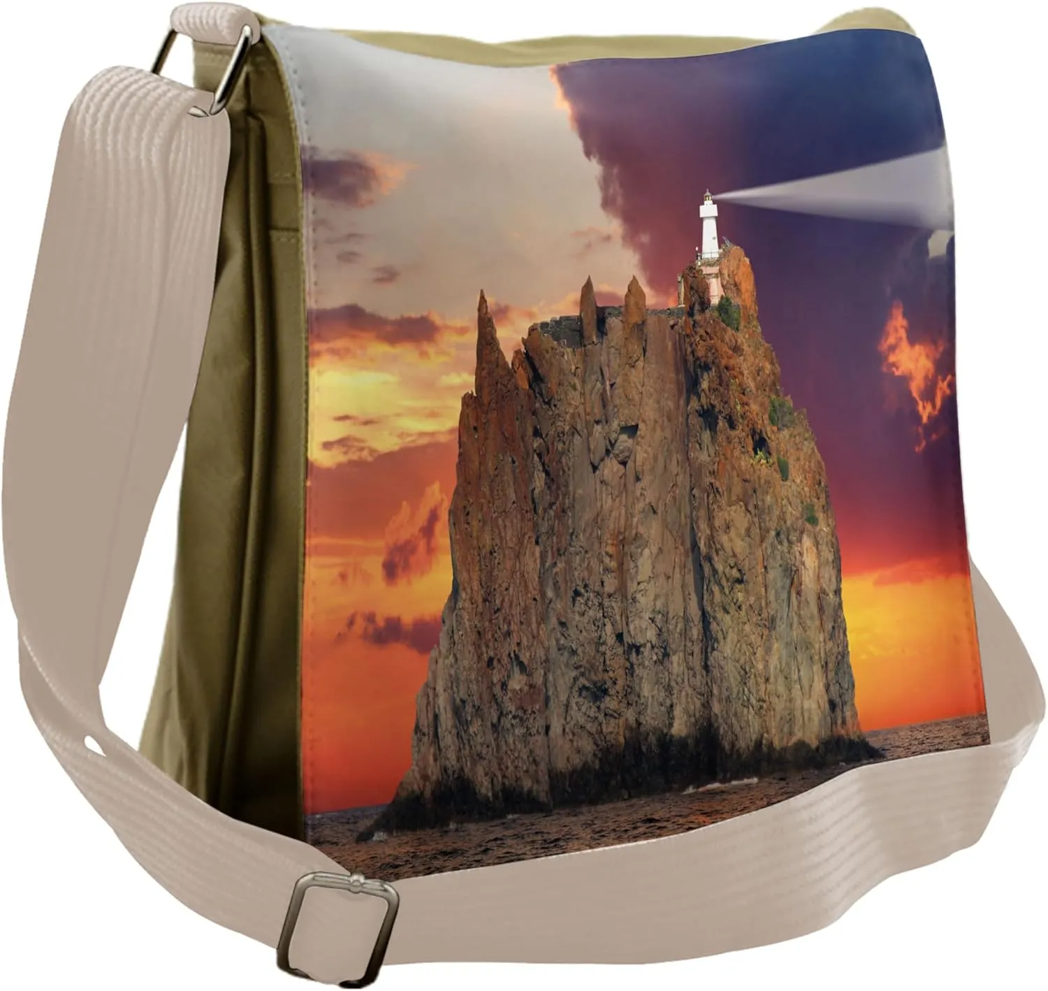 Lunarable Lighthouse Messenger Bag, Mediterranean Skyline, Unisex Cross-body