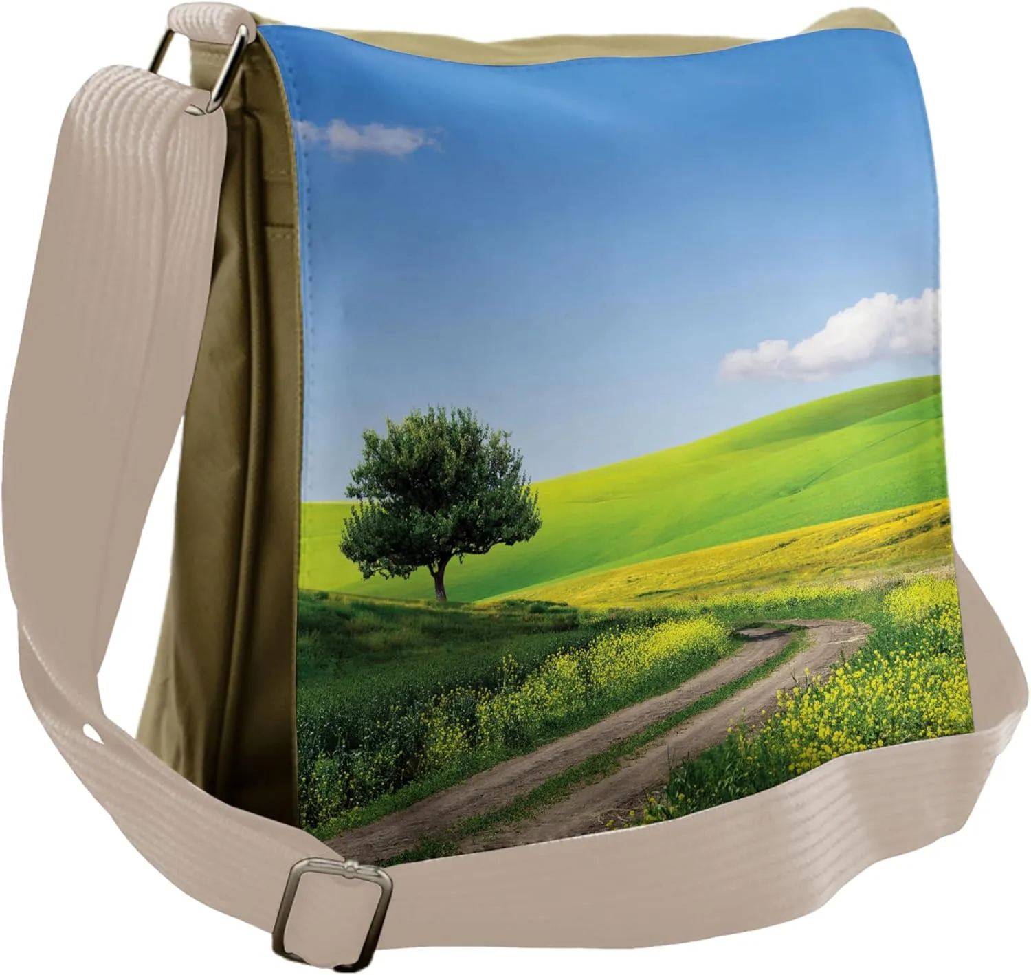 Lunarable Nature Messenger Bag, Grassland with Clouds Rural, Unisex Cross-body