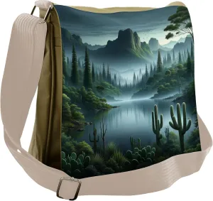 Lunarable Nature Scenery Messenger Bag, Misty Forest Lake, Unisex Cross-body