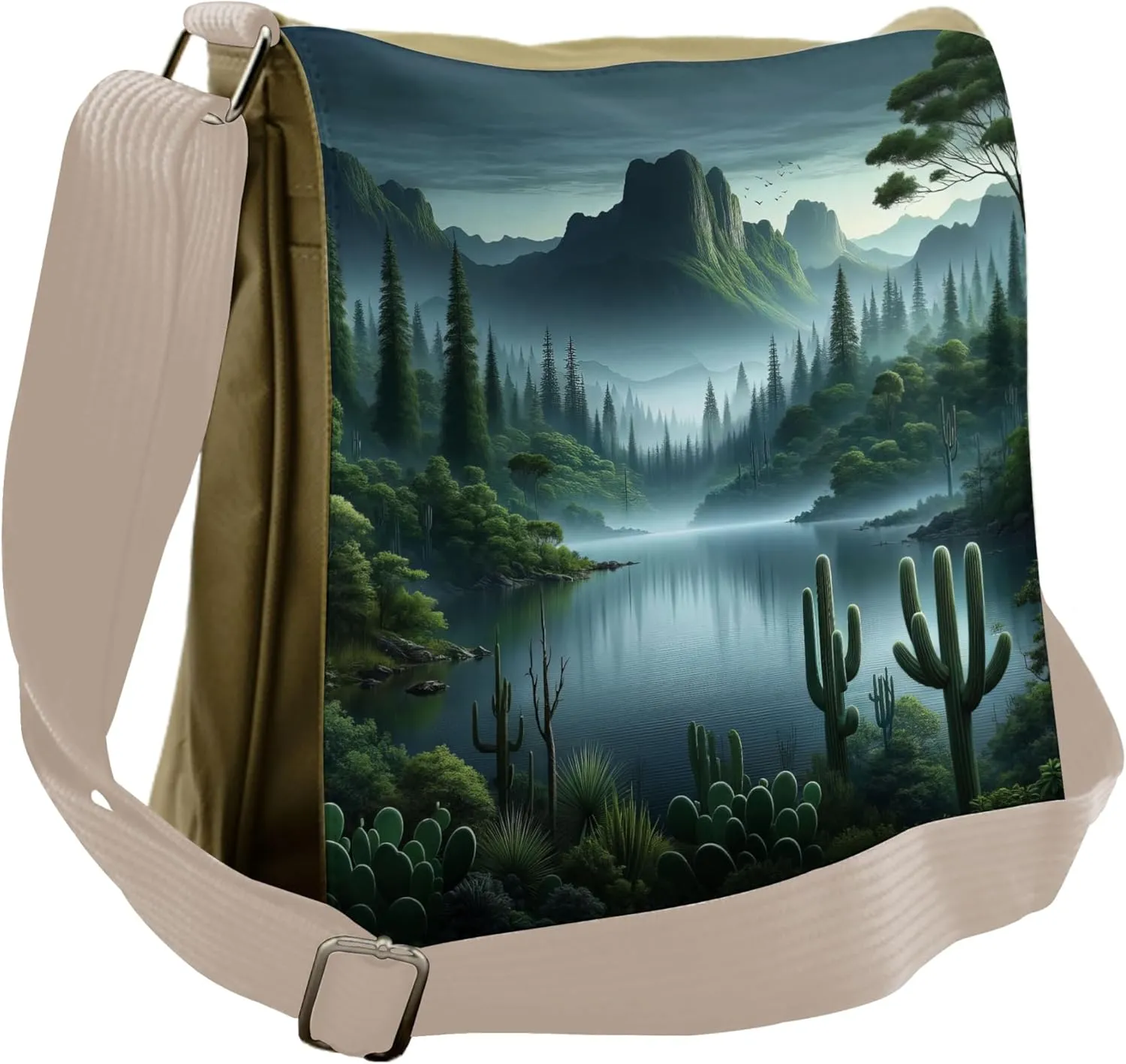 Lunarable Nature Scenery Messenger Bag, Misty Forest Lake, Unisex Cross-body