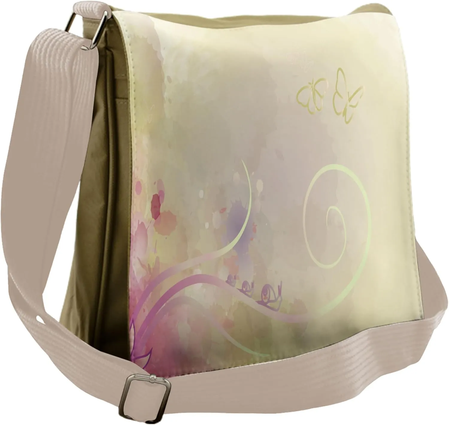 Lunarable Romantic Messenger Bag, Curly Stems Leaves Pastel, Unisex Cross-body