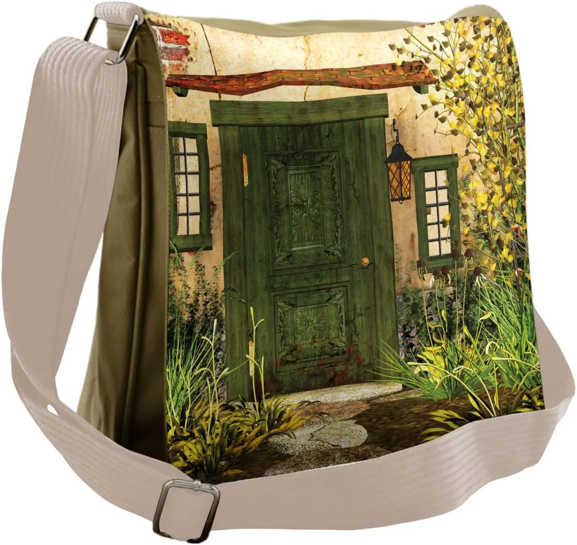 Lunarable Rustic Messenger Bag, Cottage Door Overgrown Bush, Unisex Cross-body