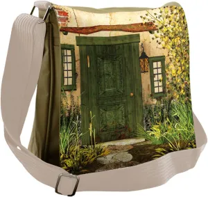 Lunarable Rustic Messenger Bag, Cottage Door Overgrown Bush, Unisex Cross-body