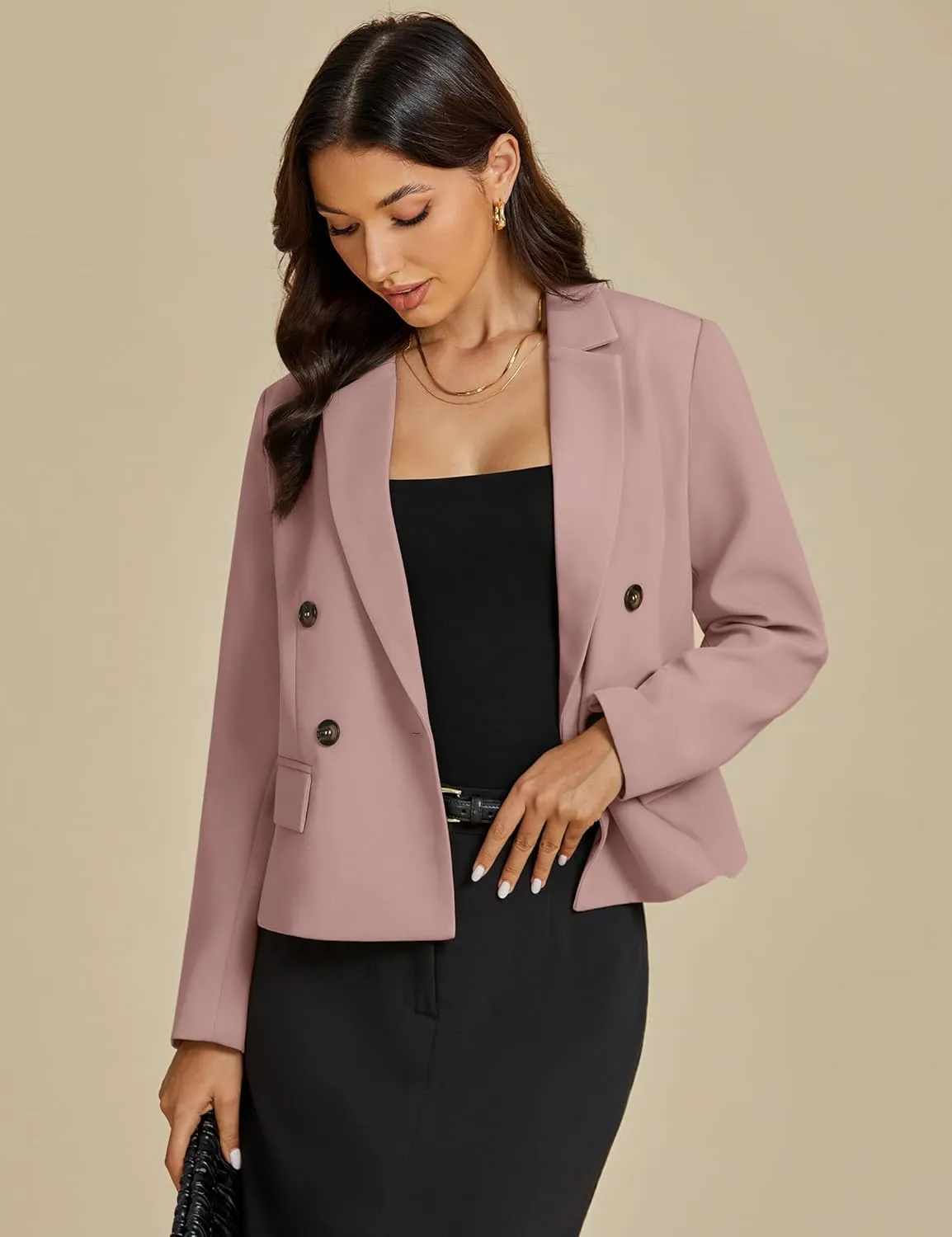 luvamia Blazers for Women Business Casual Double Breasted Notched Lapel Long Sleeve Work Office Suit Jackets Blazer