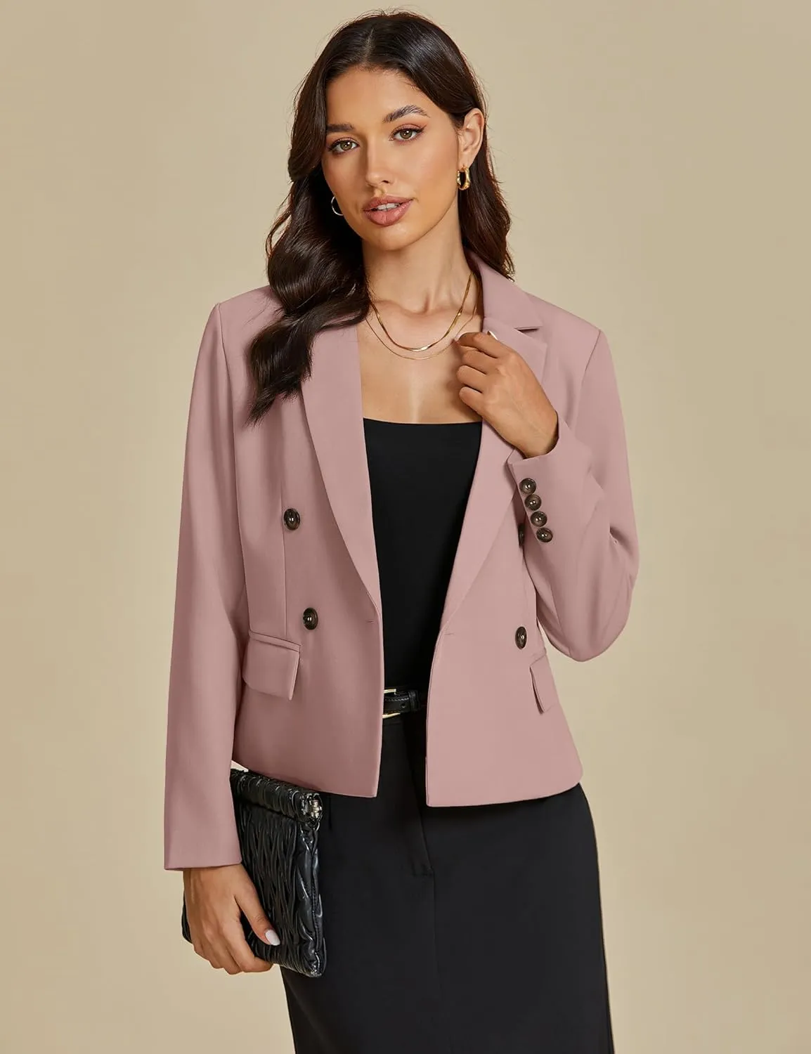 luvamia Blazers for Women Business Casual Double Breasted Notched Lapel Long Sleeve Work Office Suit Jackets Blazer