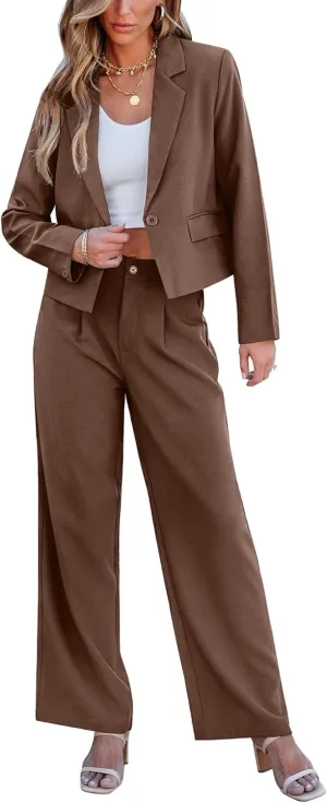 luvamia Suits for Women 2 Piece Sets Business Casual Outfits Dressy Cropped Blazer Wide Leg Pants Suit Office Work