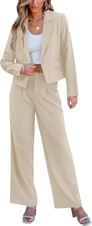 luvamia Suits for Women 2 Piece Sets Business Casual Outfits Dressy Cropped Blazer Wide Leg Pants Suit Office Work
