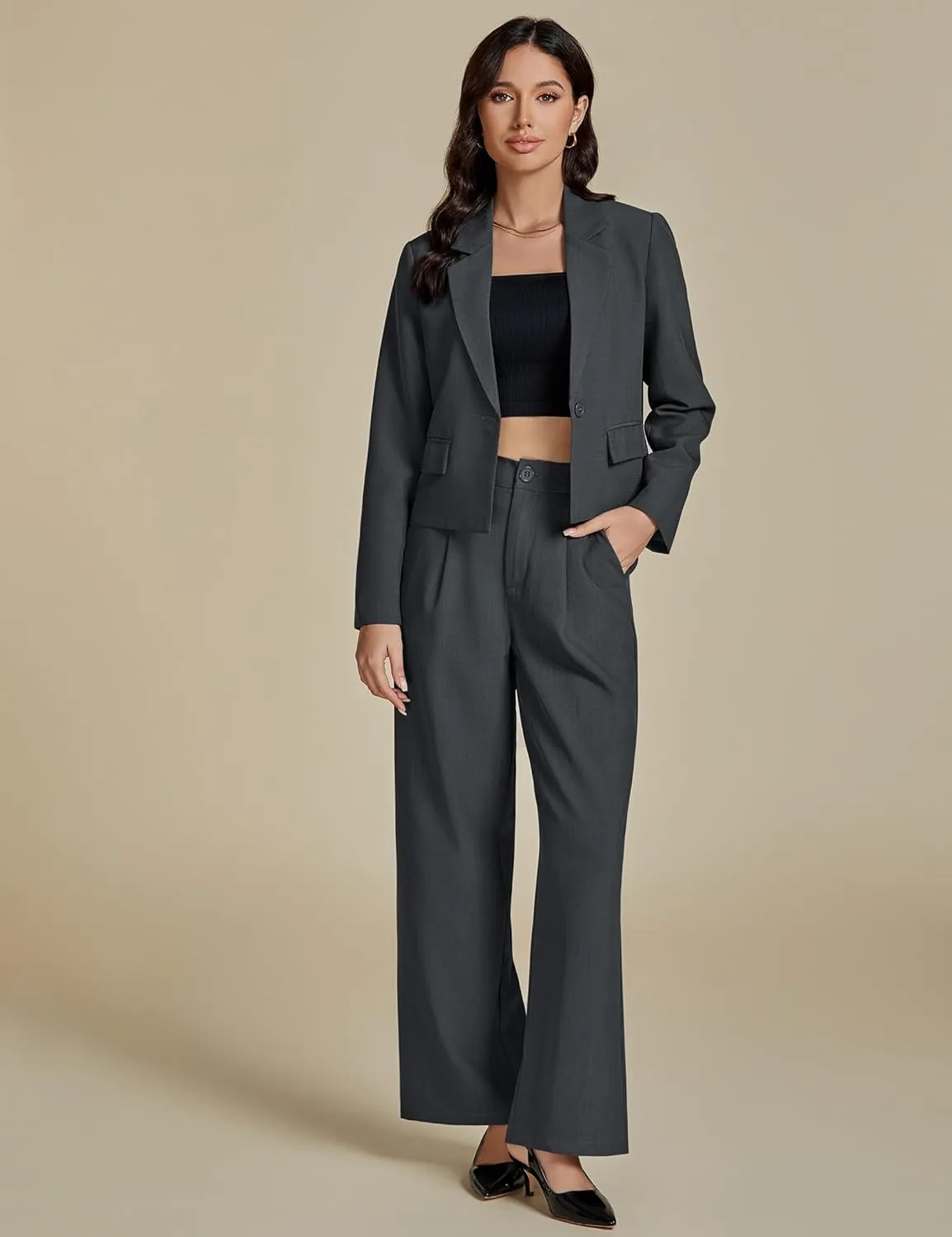 luvamia Suits for Women 2 Piece Sets Business Casual Outfits Dressy Cropped Blazer Wide Leg Pants Suit Office Work