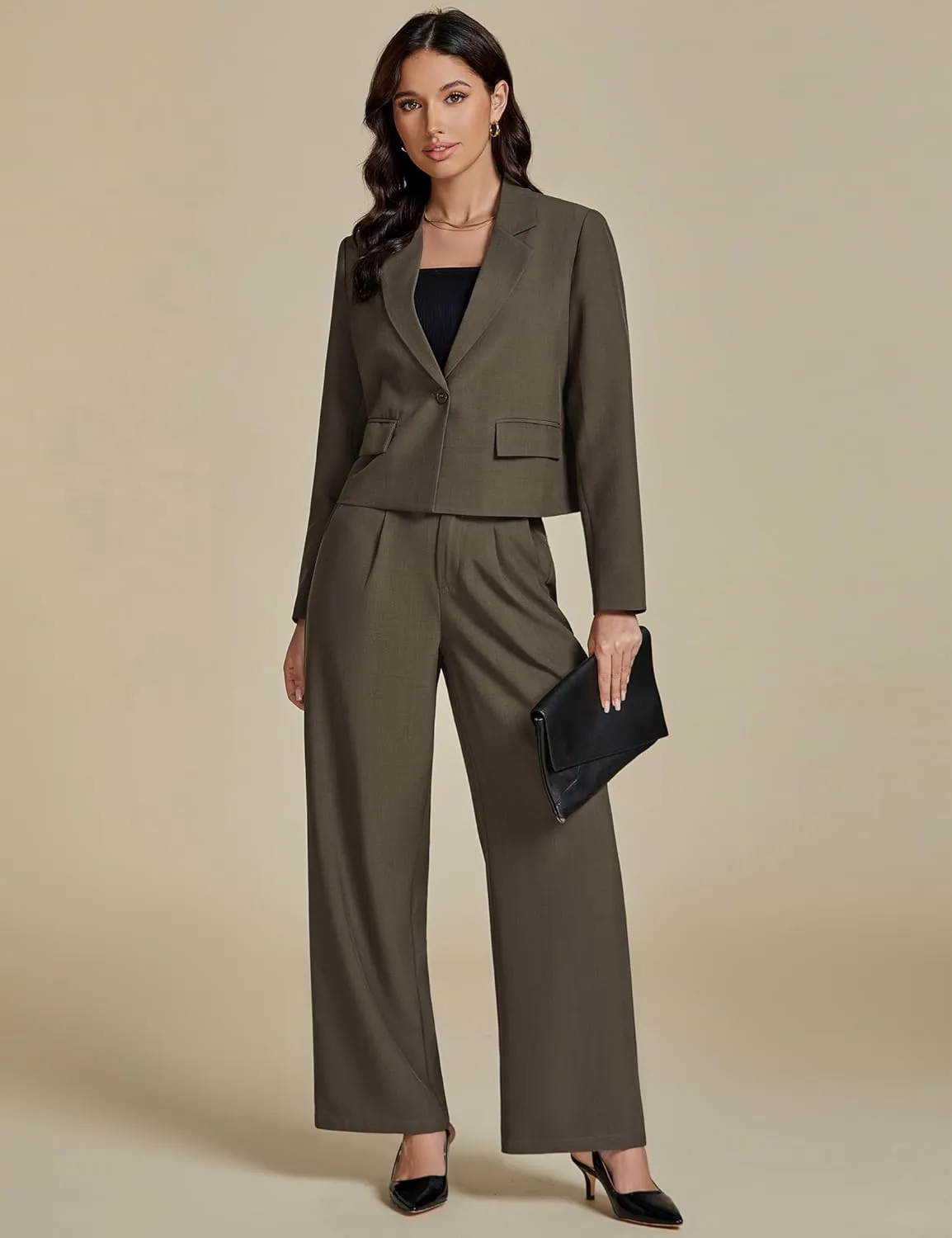 luvamia Suits for Women 2 Piece Sets Business Casual Outfits Dressy Cropped Blazer Wide Leg Pants Suit Office Work