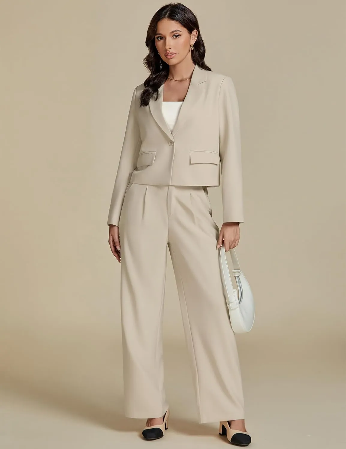 luvamia Suits for Women 2 Piece Sets Business Casual Outfits Dressy Cropped Blazer Wide Leg Pants Suit Office Work