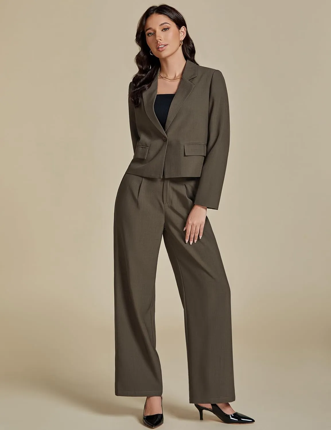 luvamia Suits for Women 2 Piece Sets Business Casual Outfits Dressy Cropped Blazer Wide Leg Pants Suit Office Work