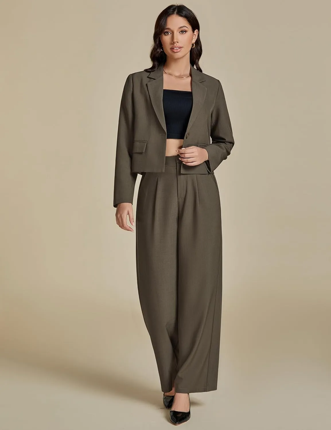 luvamia Suits for Women 2 Piece Sets Business Casual Outfits Dressy Cropped Blazer Wide Leg Pants Suit Office Work