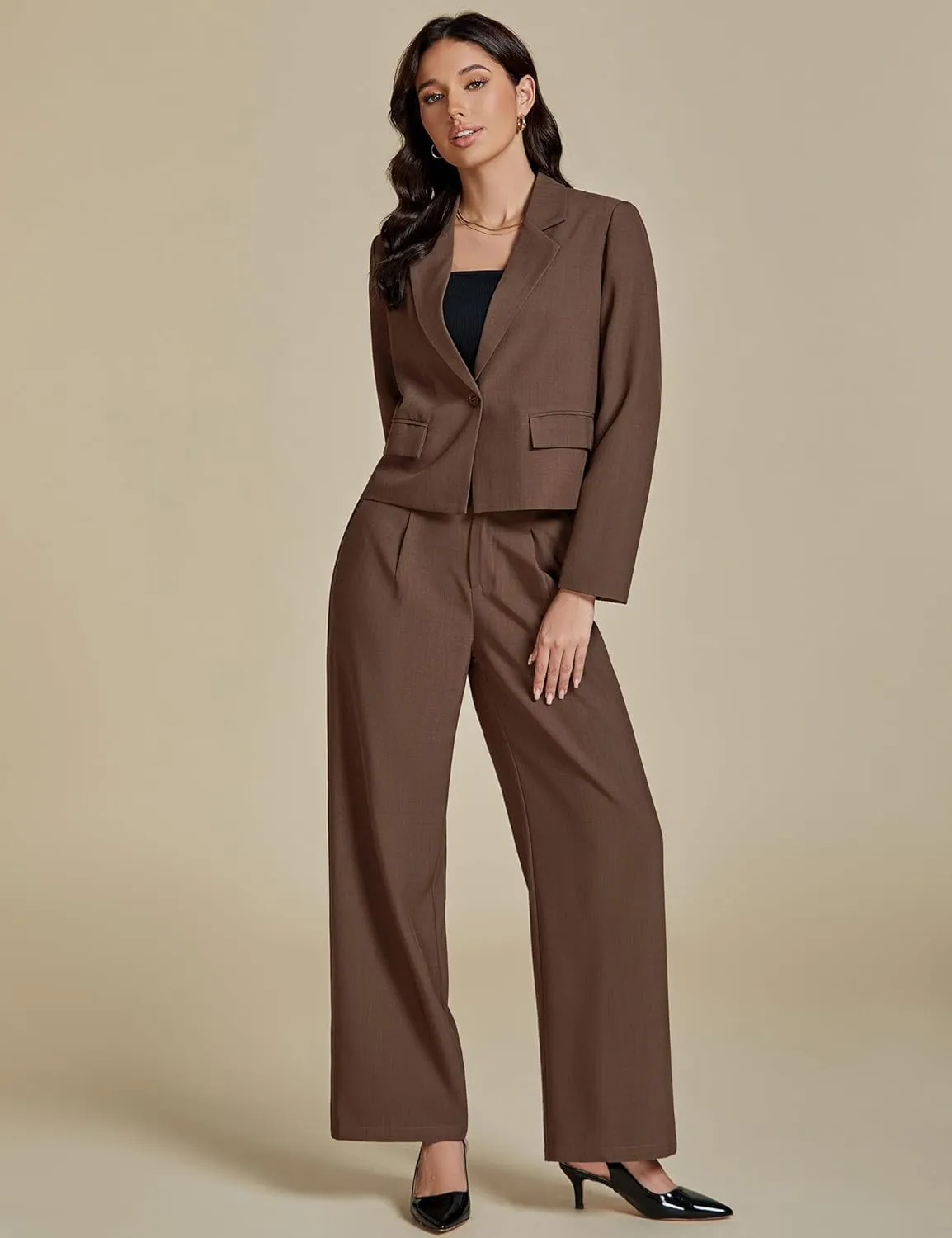 luvamia Suits for Women 2 Piece Sets Business Casual Outfits Dressy Cropped Blazer Wide Leg Pants Suit Office Work