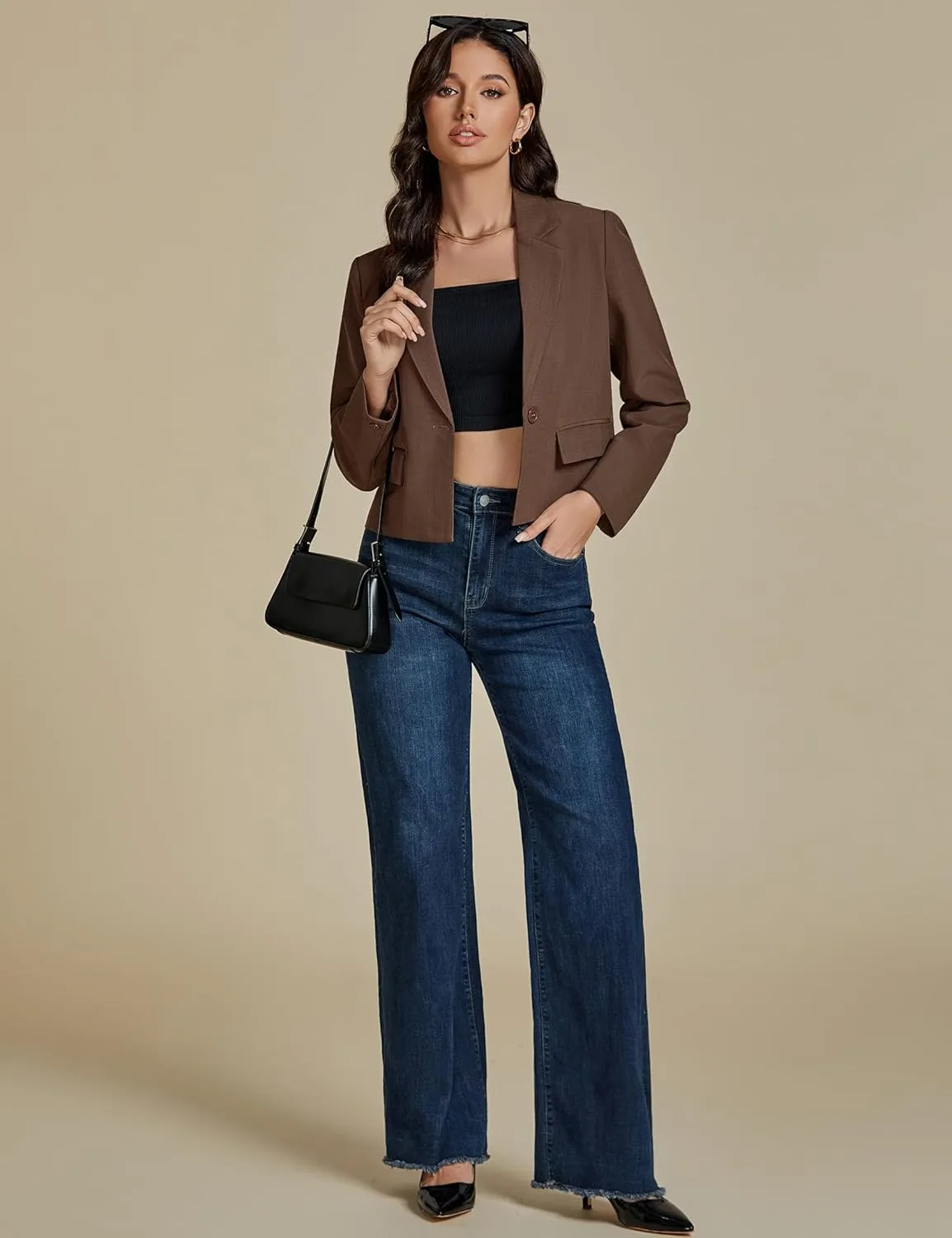 luvamia Suits for Women 2 Piece Sets Business Casual Outfits Dressy Cropped Blazer Wide Leg Pants Suit Office Work