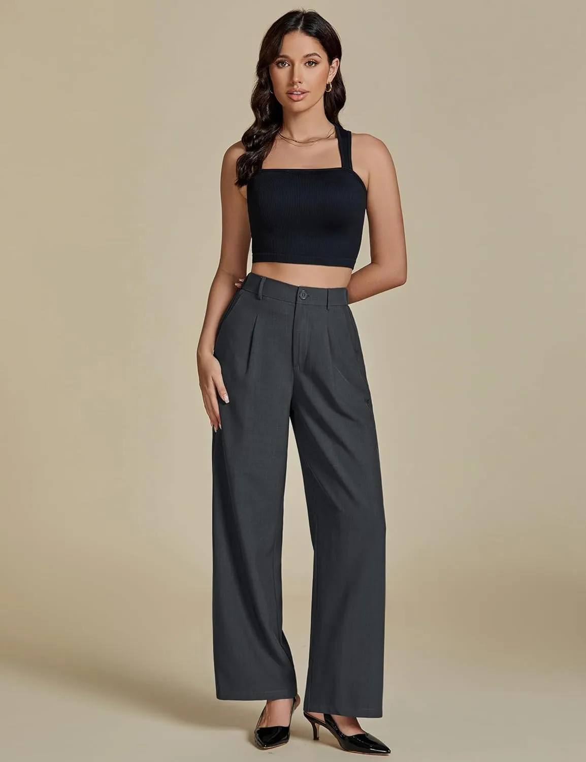 luvamia Suits for Women 2 Piece Sets Business Casual Outfits Dressy Cropped Blazer Wide Leg Pants Suit Office Work