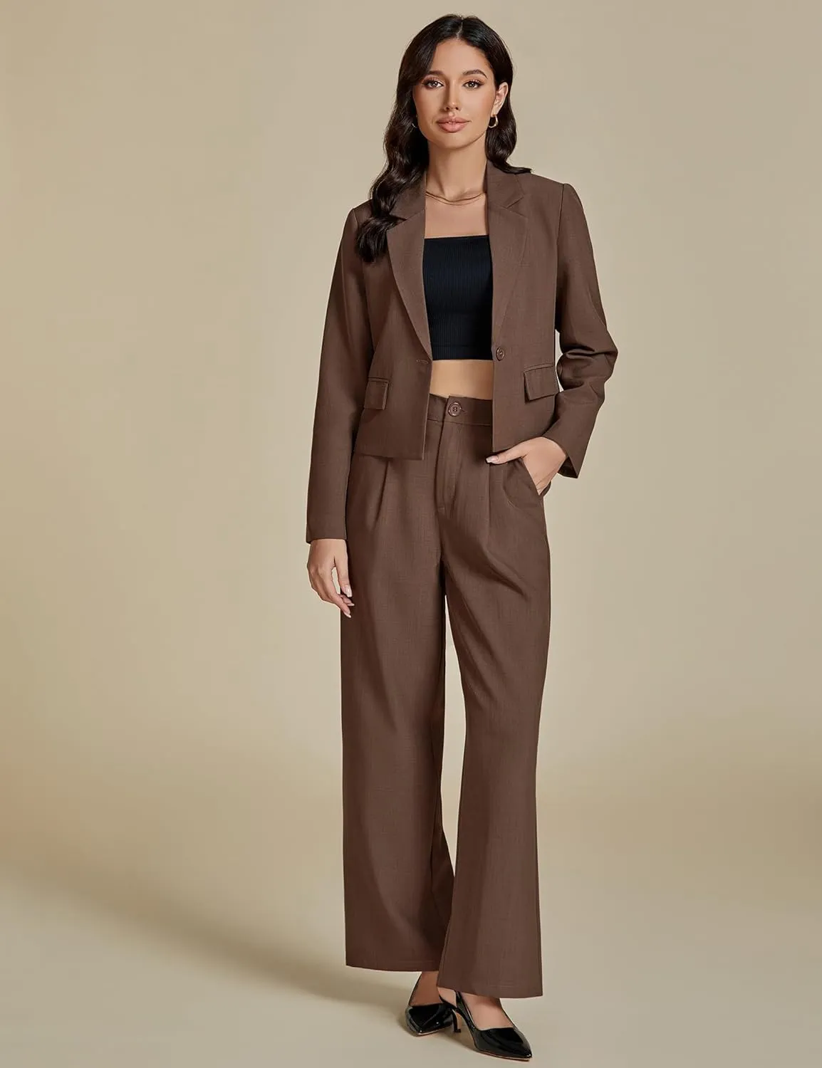 luvamia Suits for Women 2 Piece Sets Business Casual Outfits Dressy Cropped Blazer Wide Leg Pants Suit Office Work
