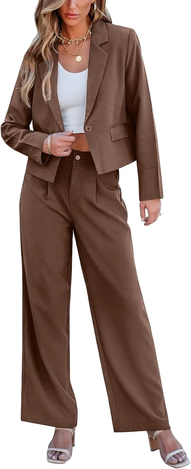 luvamia Suits for Women 2 Piece Sets Business Casual Outfits Dressy Cropped Blazer Wide Leg Pants Suit Office Work