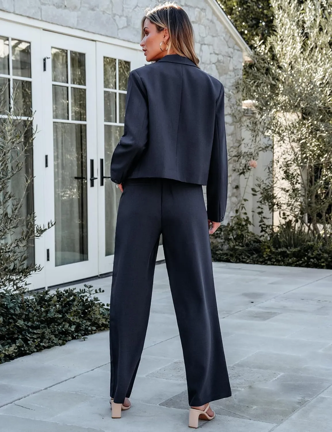 luvamia Suits for Women 2 Piece Sets Business Casual Outfits Dressy Cropped Blazer Wide Leg Pants Suit Office Work