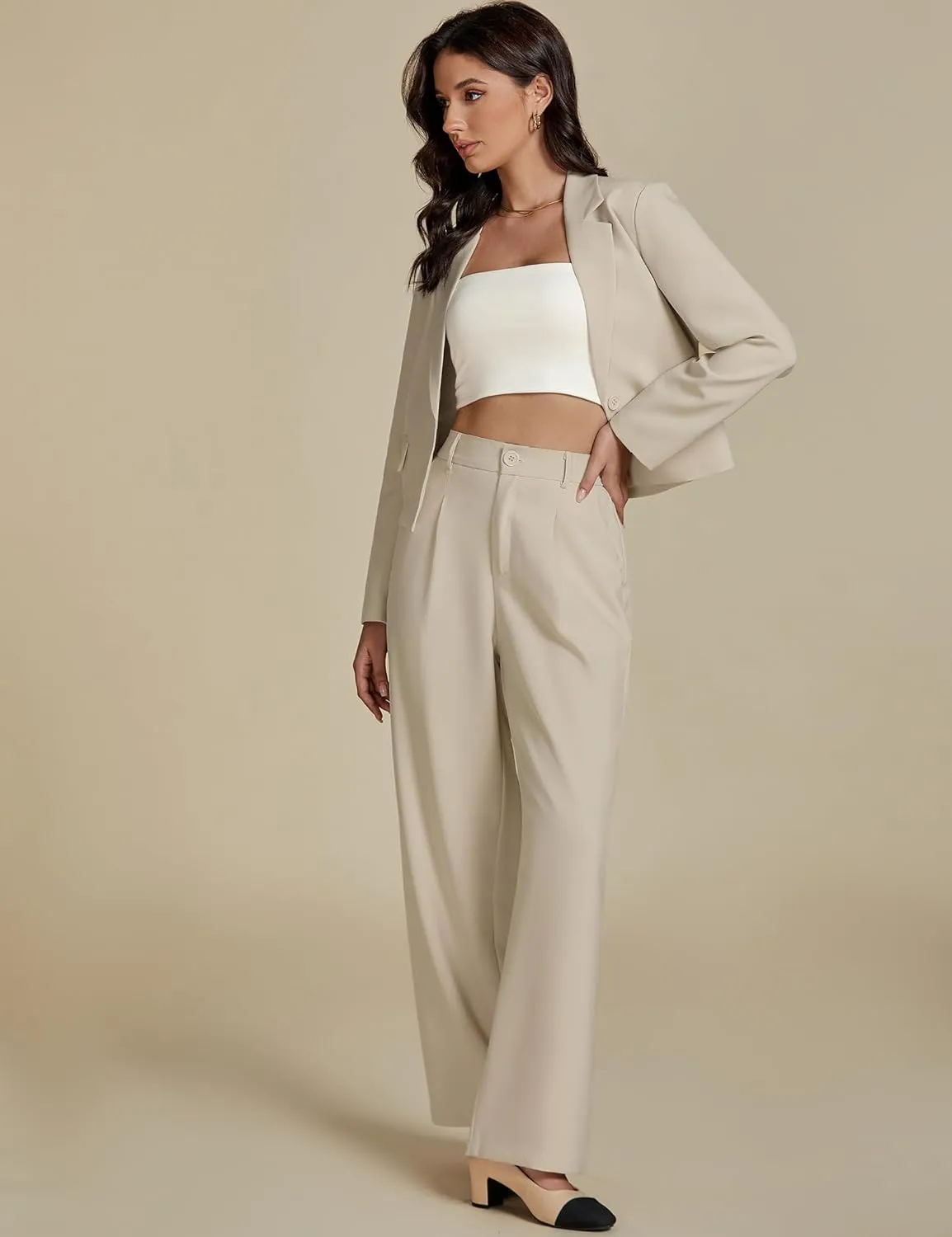 luvamia Suits for Women 2 Piece Sets Business Casual Outfits Dressy Cropped Blazer Wide Leg Pants Suit Office Work