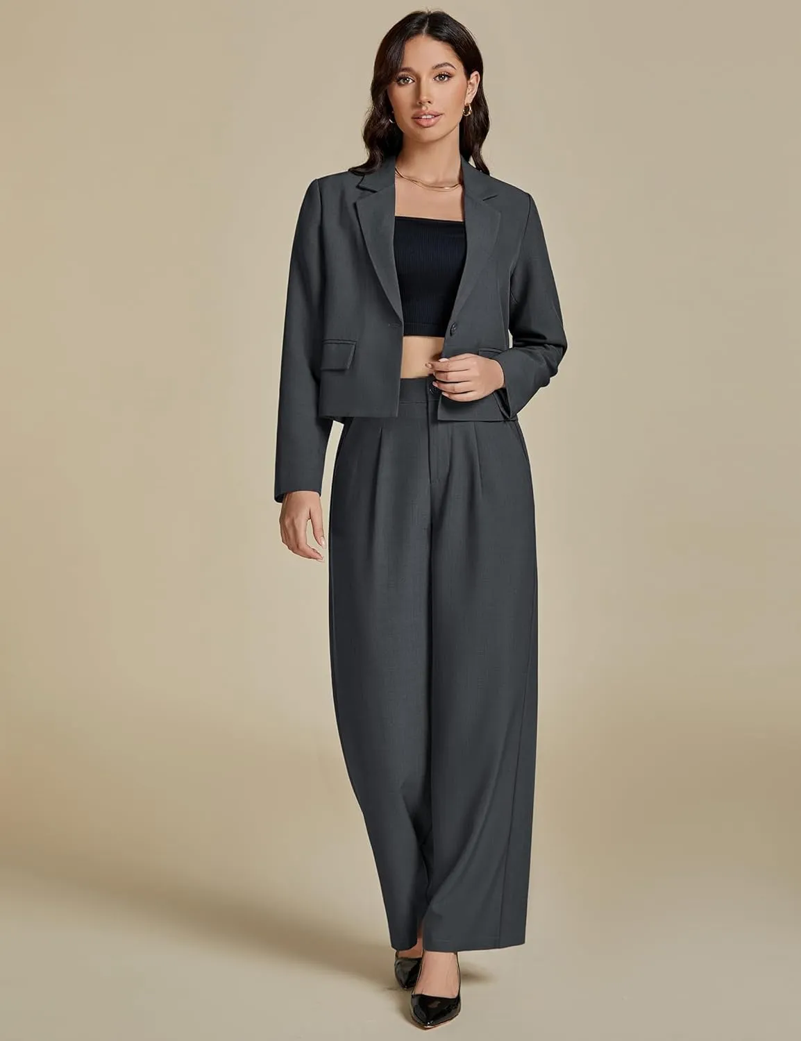 luvamia Suits for Women 2 Piece Sets Business Casual Outfits Dressy Cropped Blazer Wide Leg Pants Suit Office Work