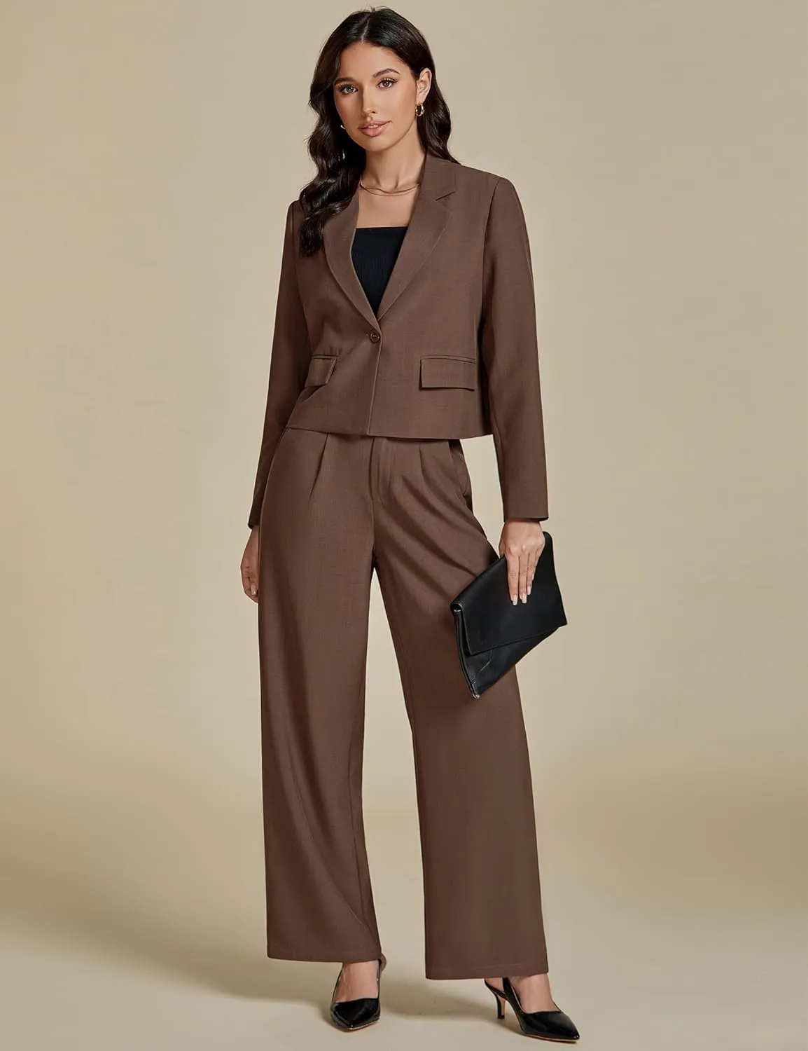 luvamia Suits for Women 2 Piece Sets Business Casual Outfits Dressy Cropped Blazer Wide Leg Pants Suit Office Work