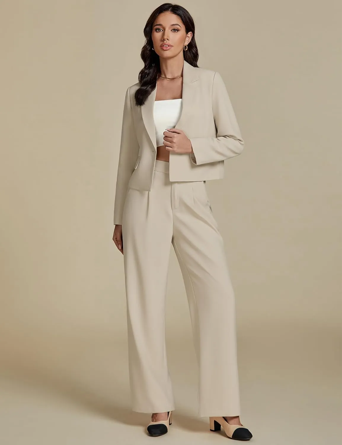 luvamia Suits for Women 2 Piece Sets Business Casual Outfits Dressy Cropped Blazer Wide Leg Pants Suit Office Work