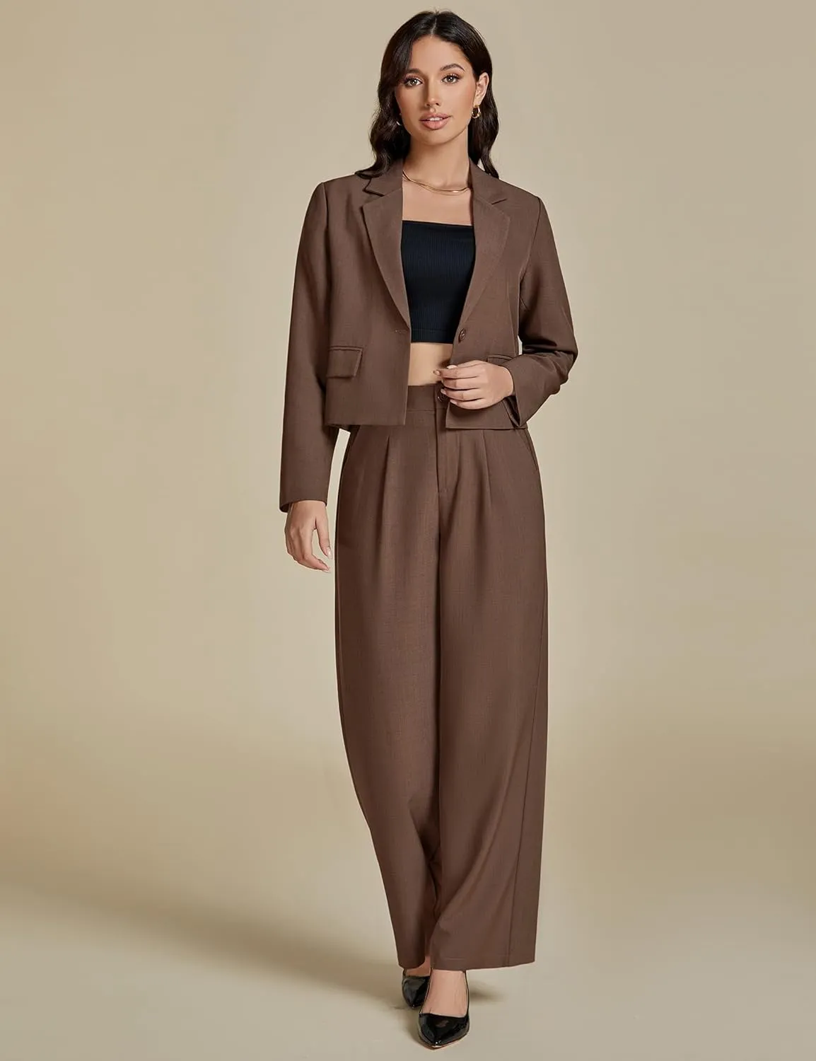luvamia Suits for Women 2 Piece Sets Business Casual Outfits Dressy Cropped Blazer Wide Leg Pants Suit Office Work
