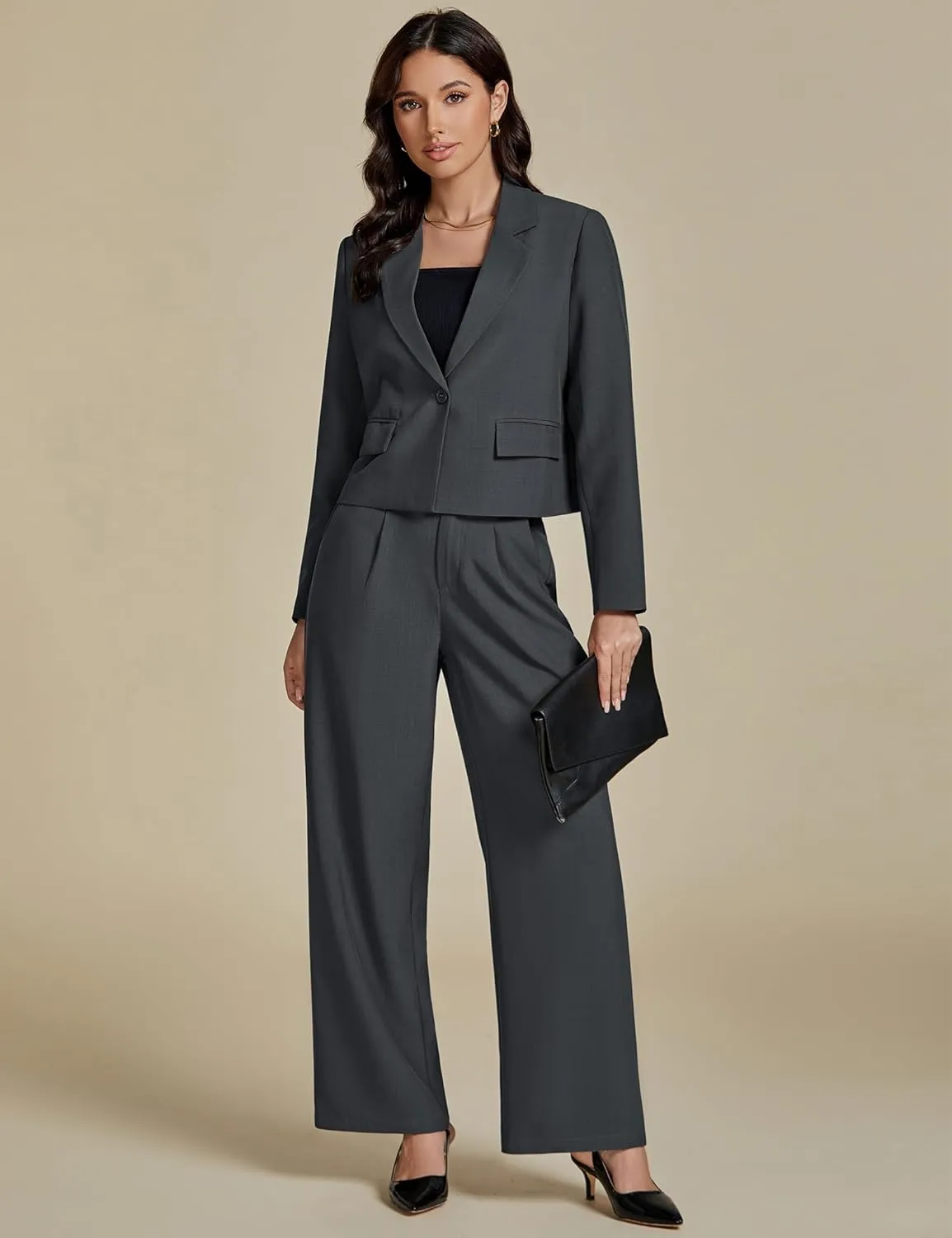 luvamia Suits for Women 2 Piece Sets Business Casual Outfits Dressy Cropped Blazer Wide Leg Pants Suit Office Work
