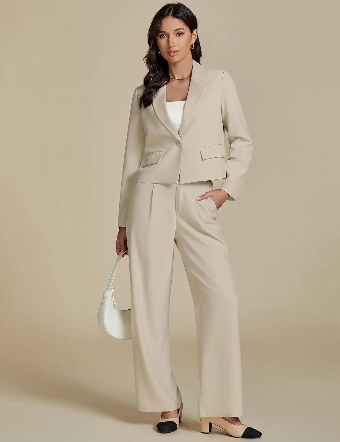 luvamia Suits for Women 2 Piece Sets Business Casual Outfits Dressy Cropped Blazer Wide Leg Pants Suit Office Work