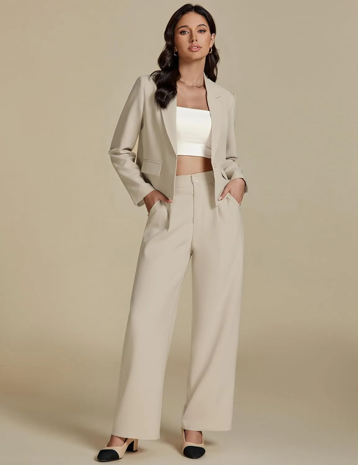 luvamia Suits for Women 2 Piece Sets Business Casual Outfits Dressy Cropped Blazer Wide Leg Pants Suit Office Work