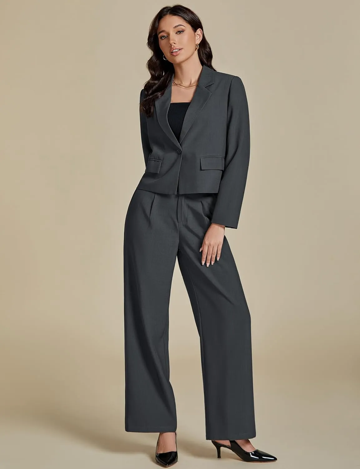 luvamia Suits for Women 2 Piece Sets Business Casual Outfits Dressy Cropped Blazer Wide Leg Pants Suit Office Work