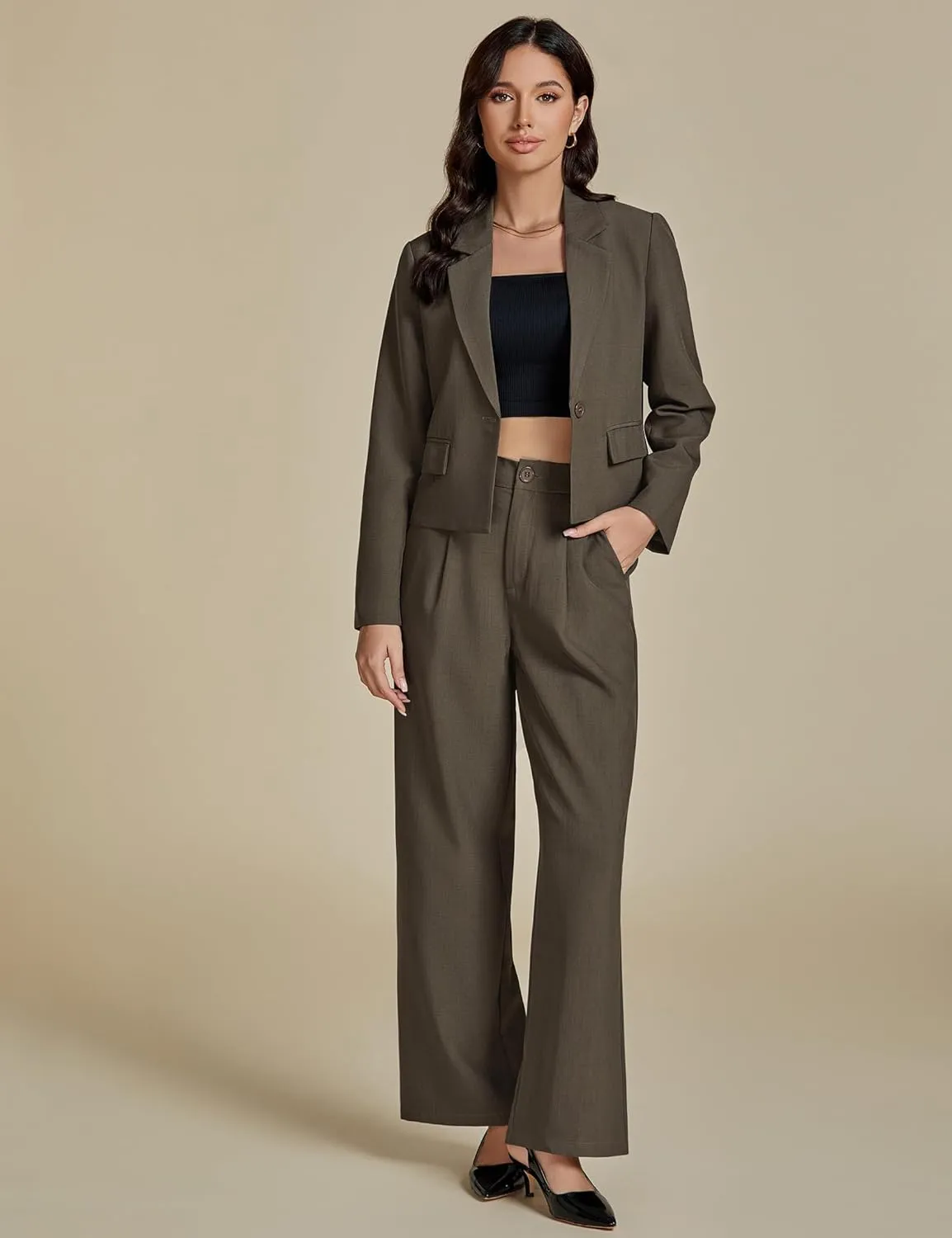 luvamia Suits for Women 2 Piece Sets Business Casual Outfits Dressy Cropped Blazer Wide Leg Pants Suit Office Work