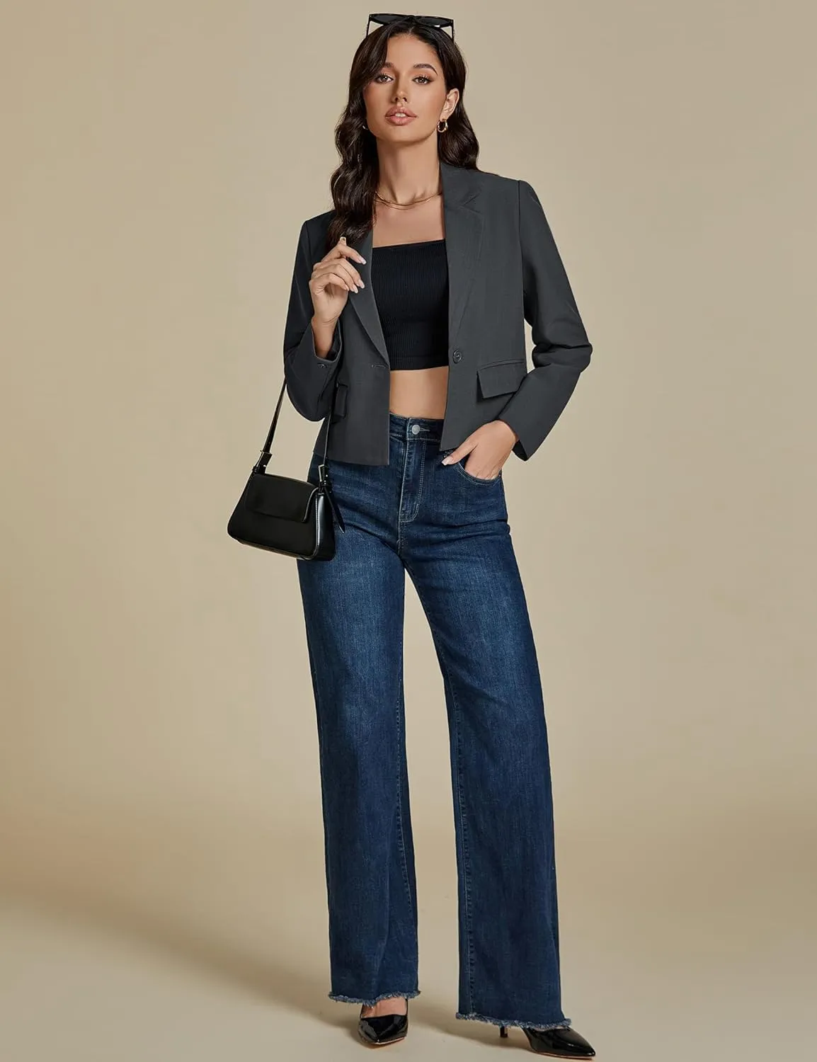 luvamia Suits for Women 2 Piece Sets Business Casual Outfits Dressy Cropped Blazer Wide Leg Pants Suit Office Work