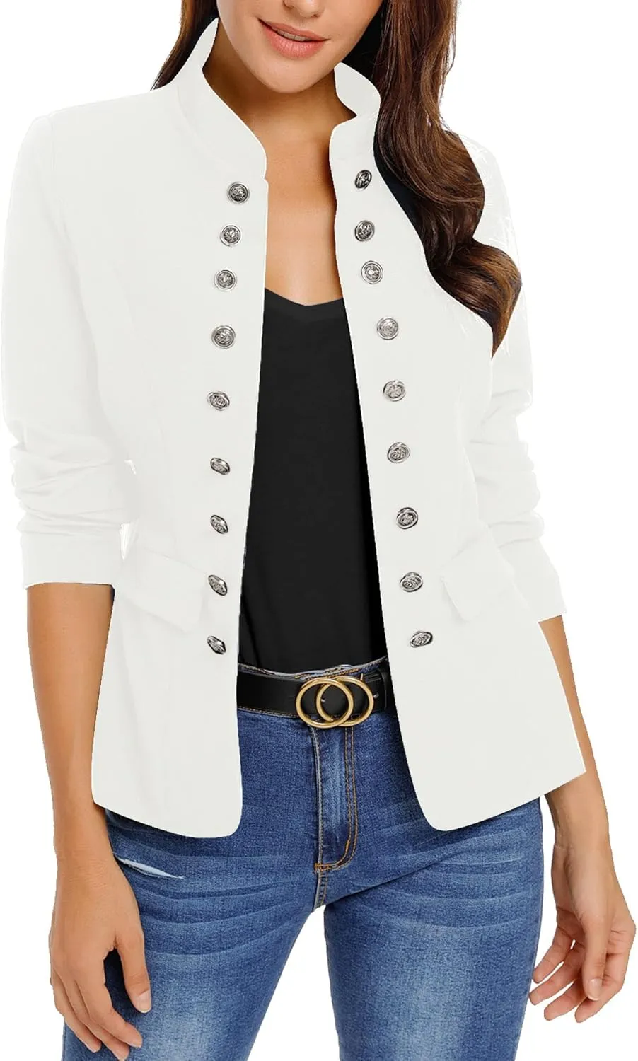 luvamia Women's Open Front Long Sleeves Work Blazer Casual Buttons Jacket Suit