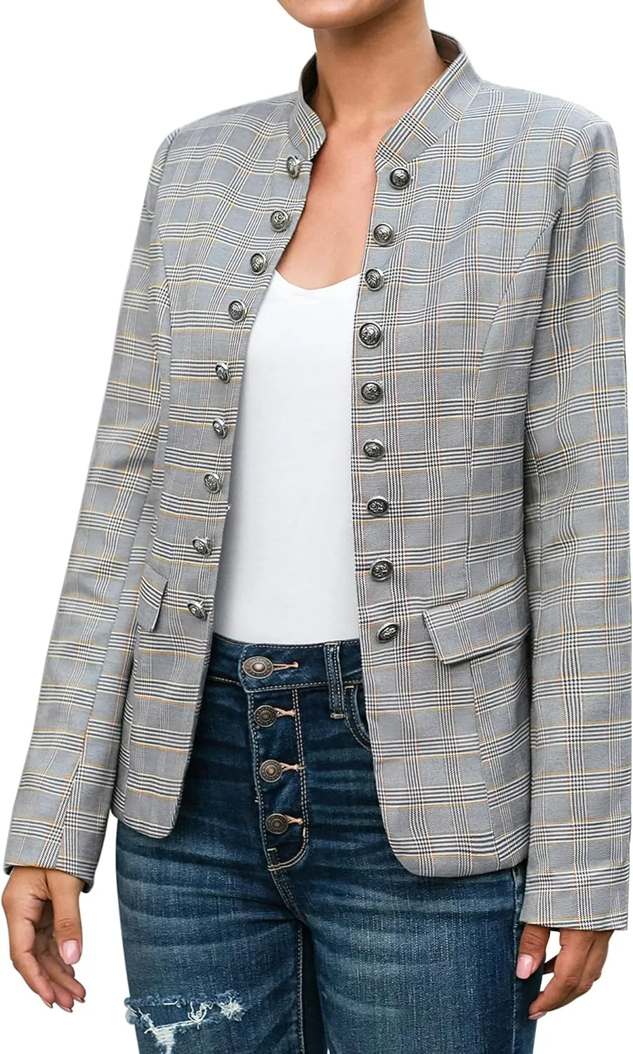 luvamia Women's Open Front Long Sleeves Work Blazer Casual Buttons Jacket Suit