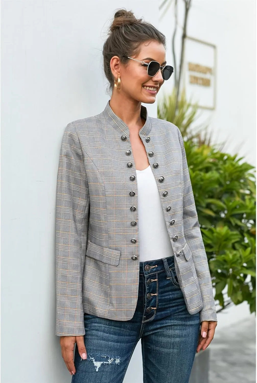 luvamia Women's Open Front Long Sleeves Work Blazer Casual Buttons Jacket Suit