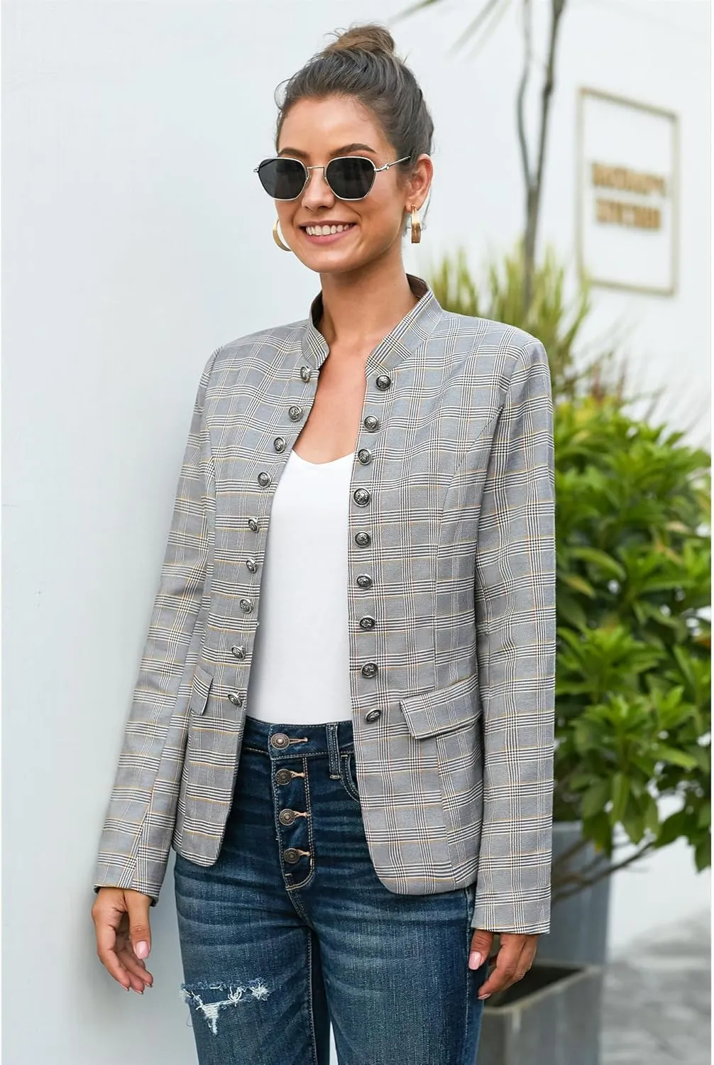 luvamia Women's Open Front Long Sleeves Work Blazer Casual Buttons Jacket Suit