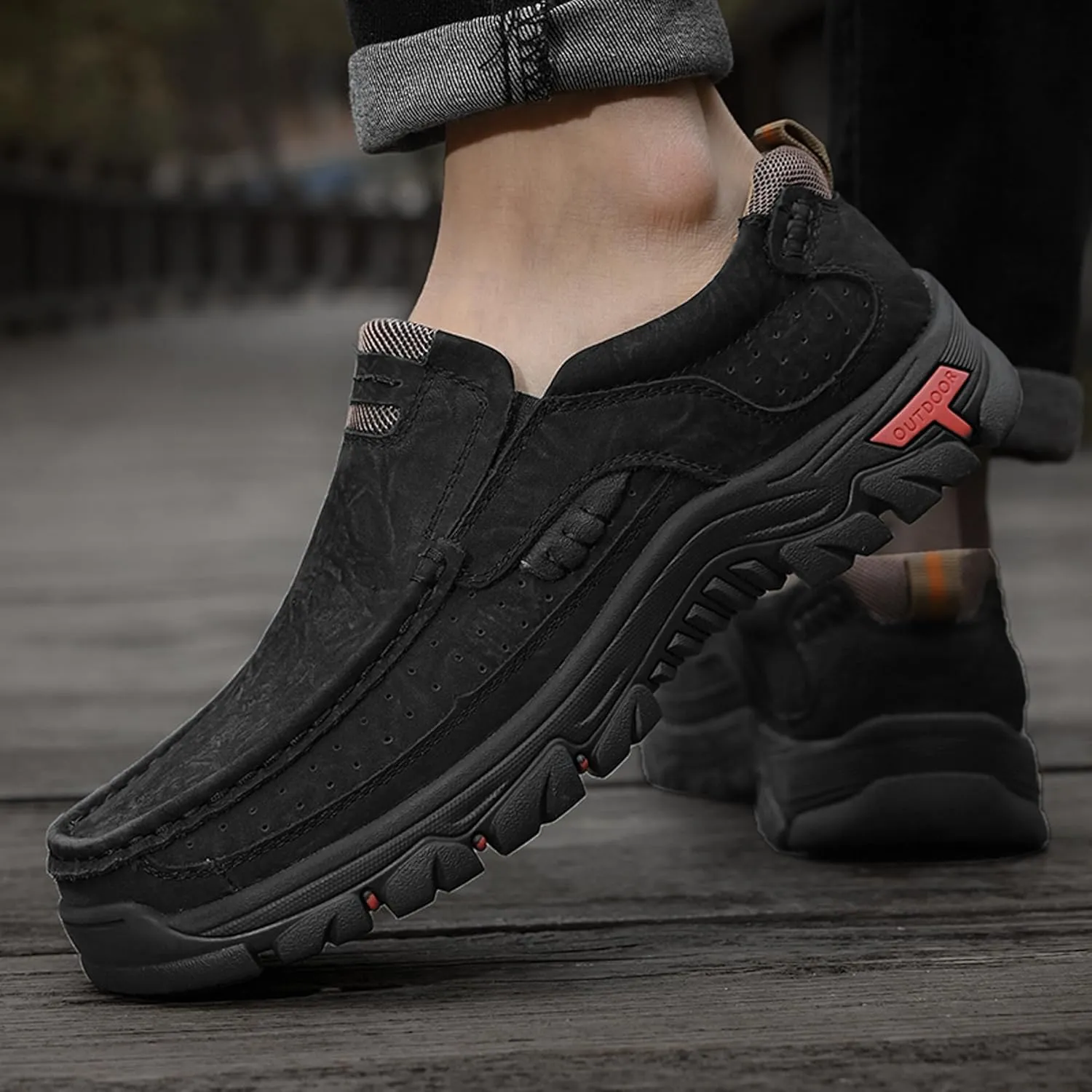 Made Of Cowhide Men's Business And Office Casual Shoes, Lightweight Wide Version Boat Shoes, Black Penny Shoes，Hand Sewn Comfortable Driving Casual Shoes, Outdoor Travel Shoes,Skateboarding Shoes