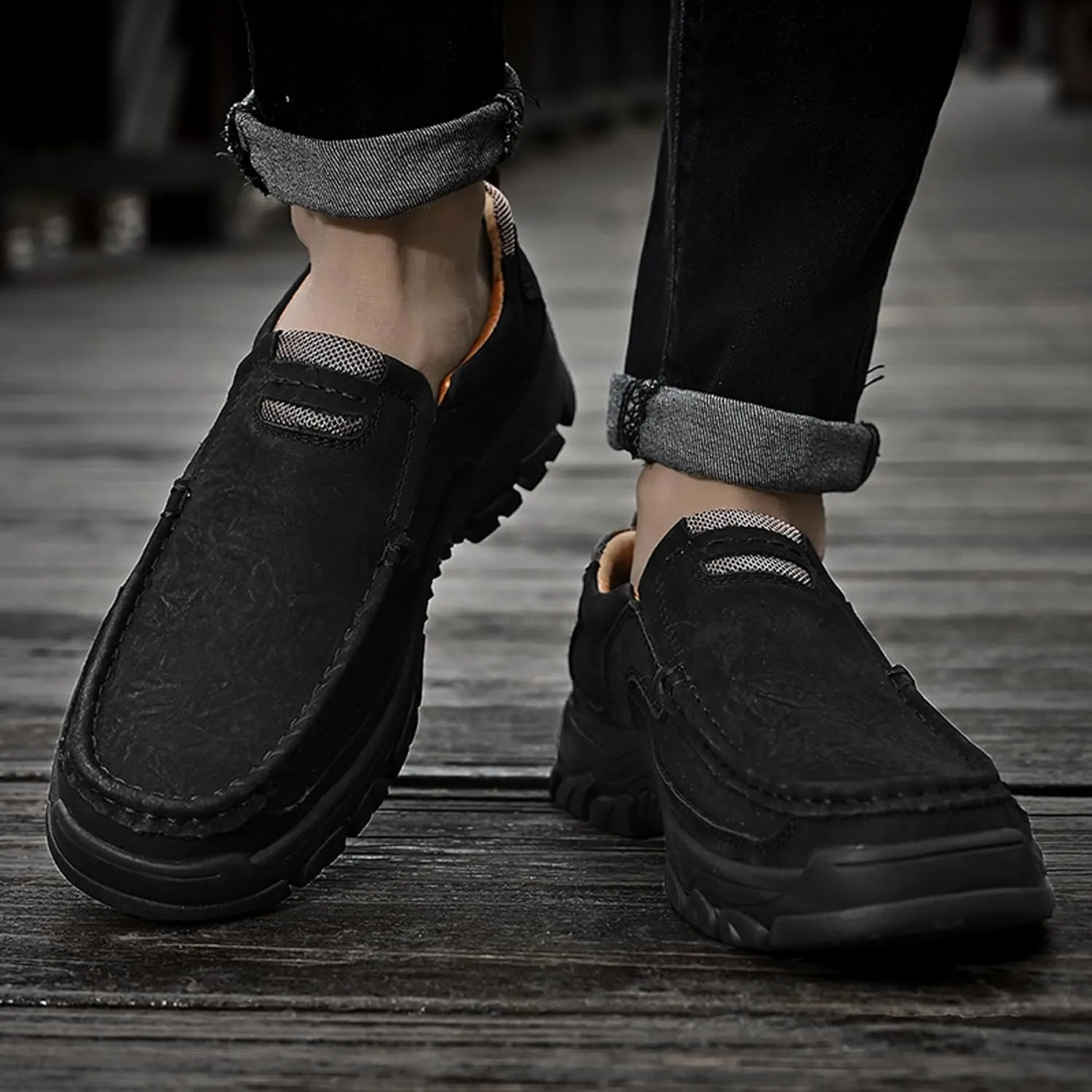 Made Of Cowhide Men's Business And Office Casual Shoes, Lightweight Wide Version Boat Shoes, Black Penny Shoes，Hand Sewn Comfortable Driving Casual Shoes, Outdoor Travel Shoes,Skateboarding Shoes