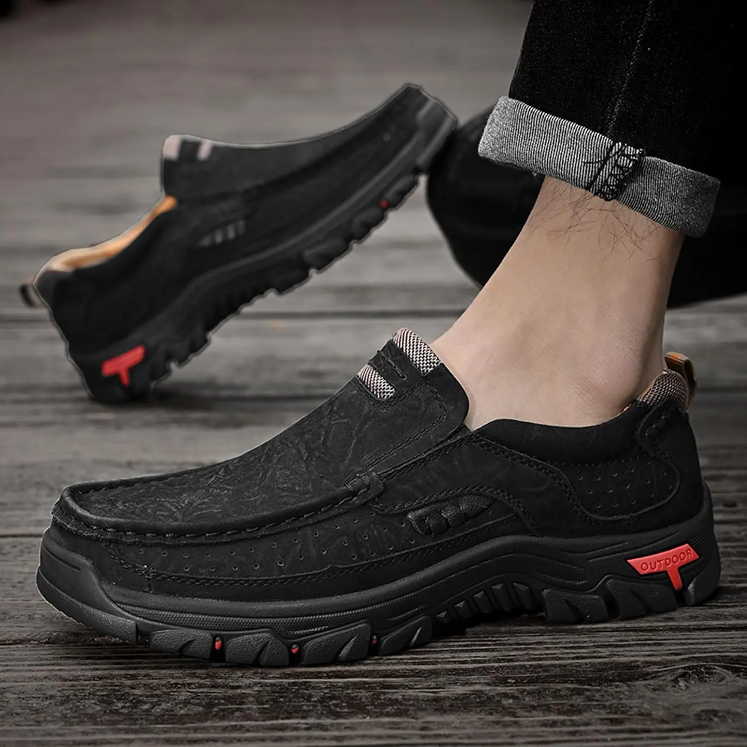 Made Of Cowhide Men's Business And Office Casual Shoes, Lightweight Wide Version Boat Shoes, Black Penny Shoes，Hand Sewn Comfortable Driving Casual Shoes, Outdoor Travel Shoes,Skateboarding Shoes