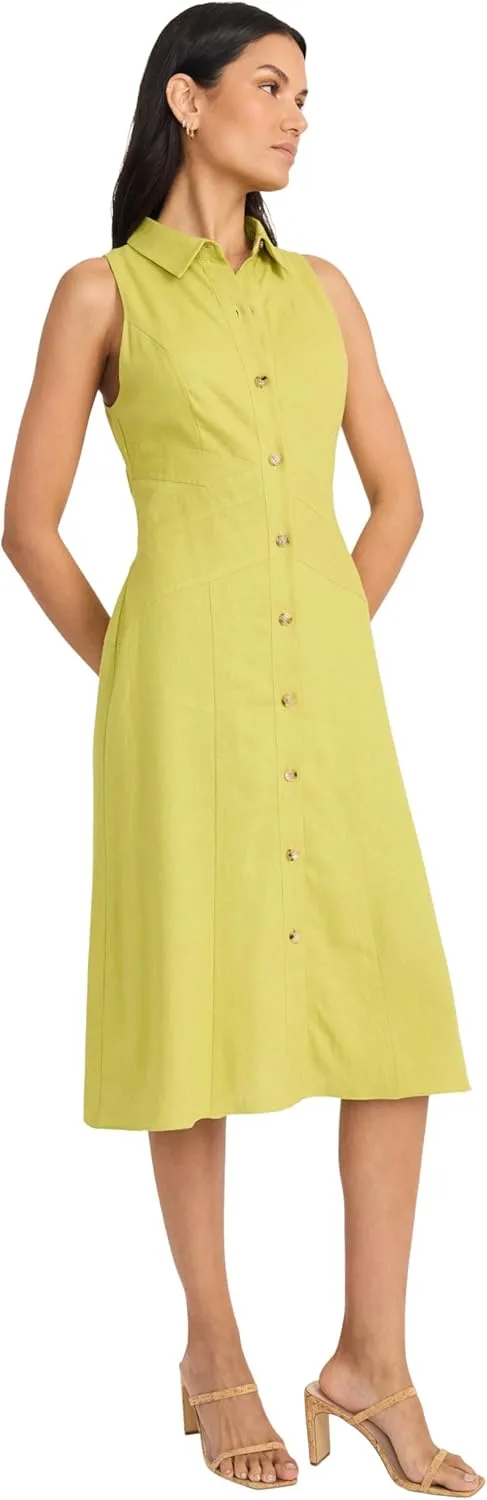 Maggy London Women's Sleeveless Button Down Linen Midi Elegant A-line Business Casual Dress