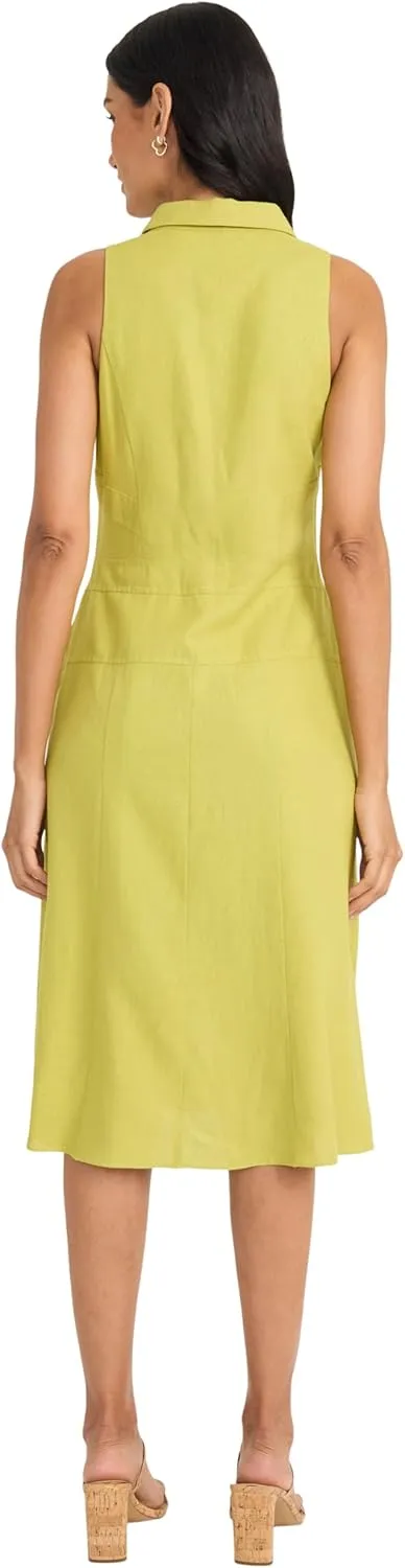 Maggy London Women's Sleeveless Button Down Linen Midi Elegant A-line Business Casual Dress