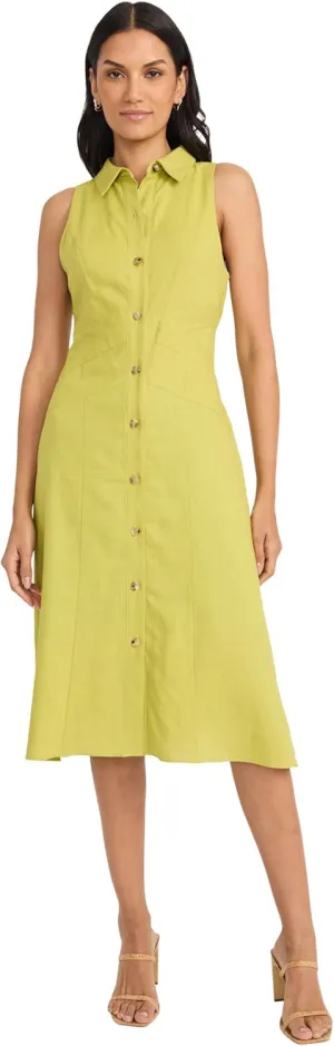 Maggy London Women's Sleeveless Button Down Linen Midi Elegant A-line Business Casual Dress