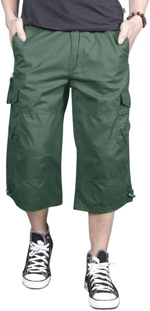 MAGNIVIT Men's Capri Long Elastic Cargo Shorts Below Knee Shorts 3/4 Cotton Cargo Casual Shorts with Multi-Pockets