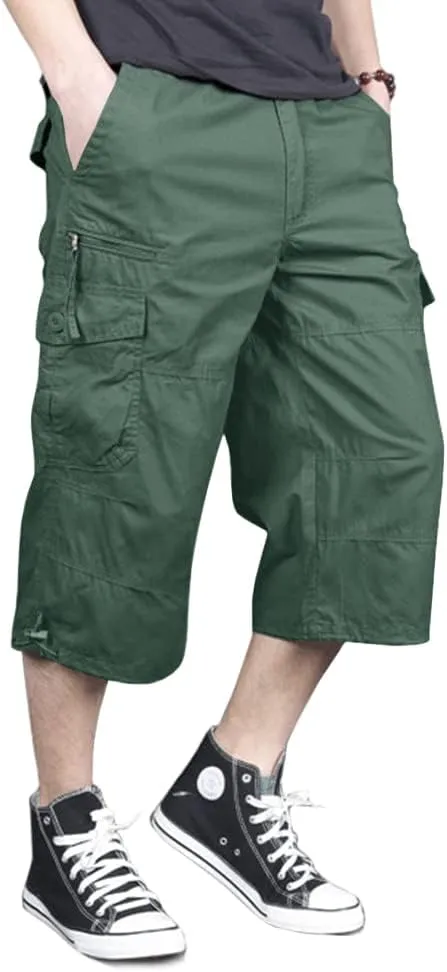 MAGNIVIT Men's Capri Long Elastic Cargo Shorts Below Knee Shorts 3/4 Cotton Cargo Casual Shorts with Multi-Pockets
